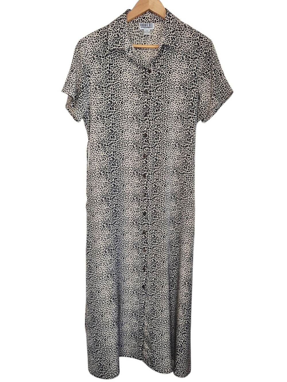 Vintage 90s Robbie Bee Silk button-down leopard print Midi shirt dress Sz 12P